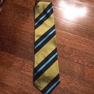 Chartreuse, aqua and navy striped silk tie